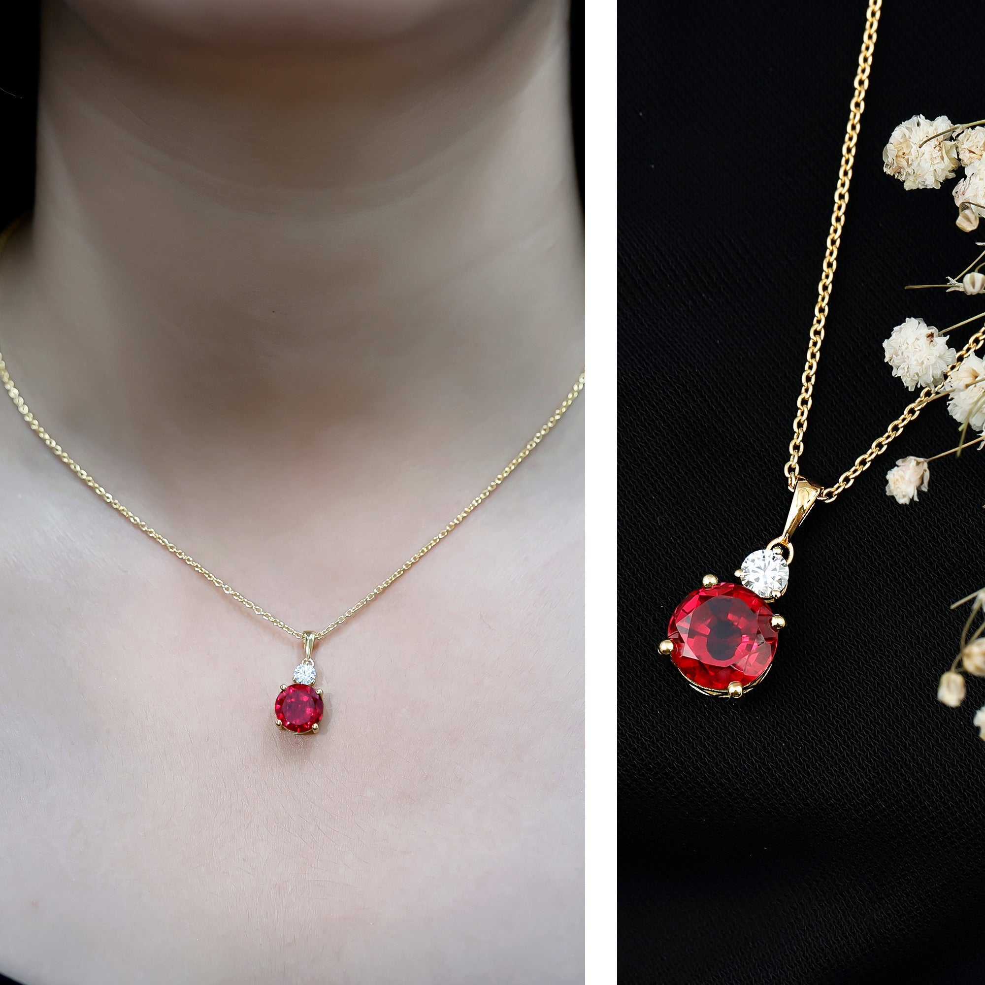 Certified Lab Created Ruby Solitaire Necklace with Moissanite