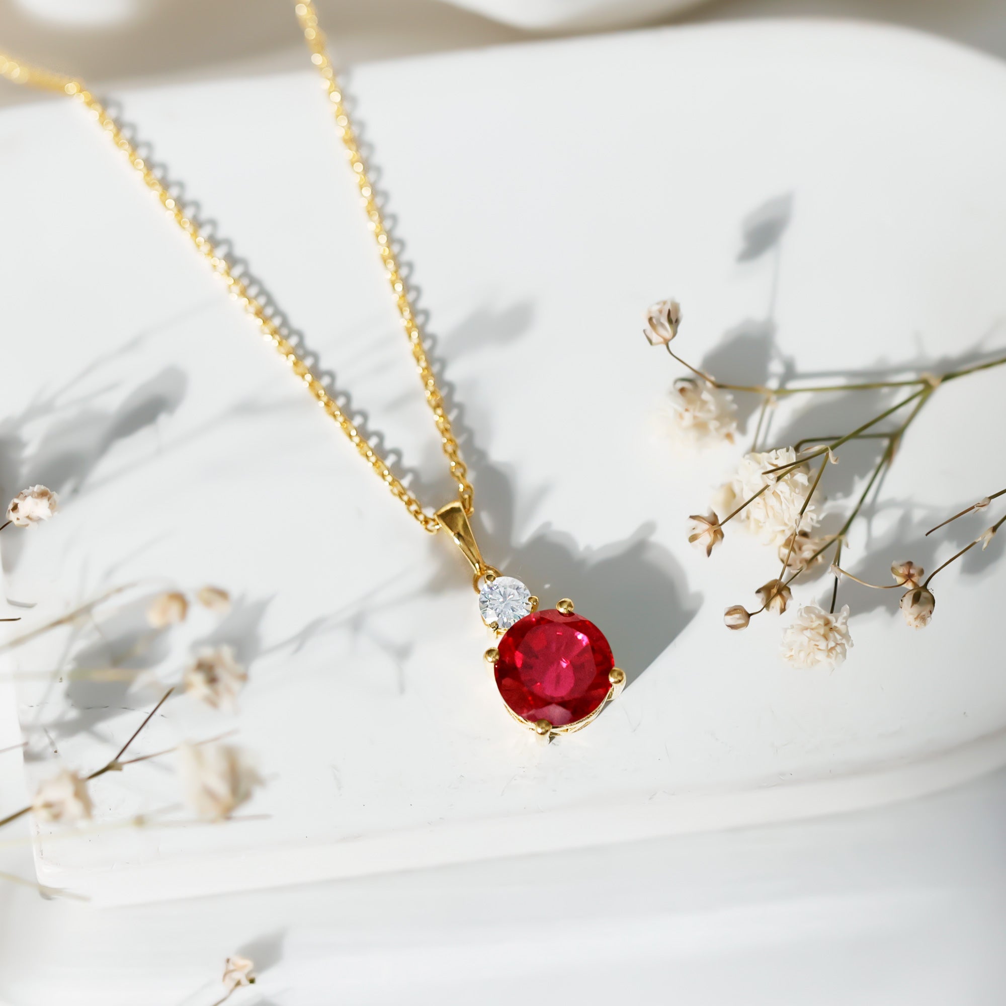 Certified Lab Created Ruby Solitaire Necklace with Moissanite