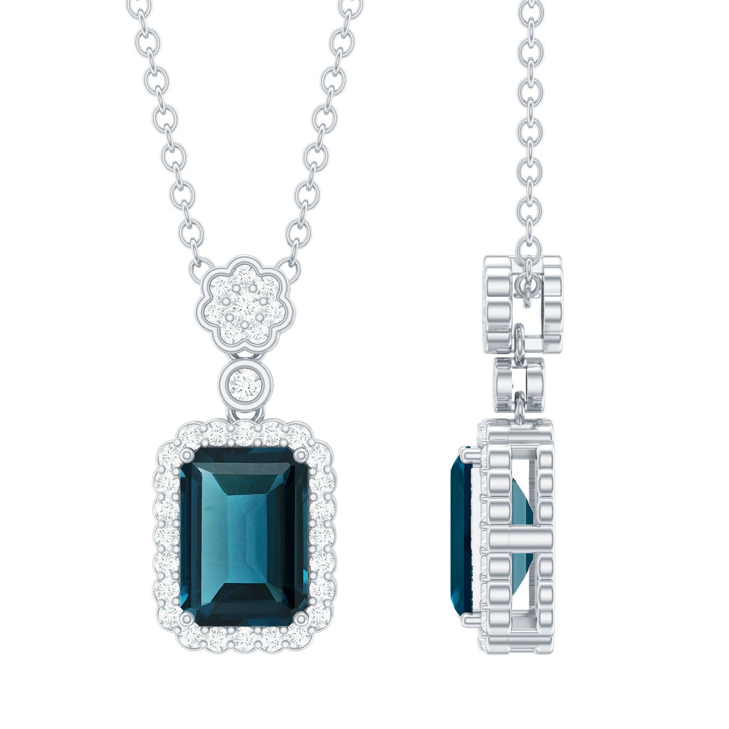 Genuine London Blue Topaz Emerald Cut Necklace with Diamond Halo