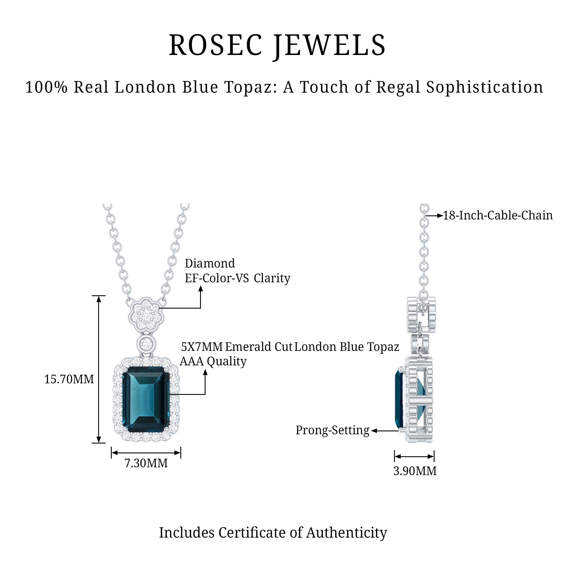 Genuine London Blue Topaz Emerald Cut Necklace with Diamond Halo