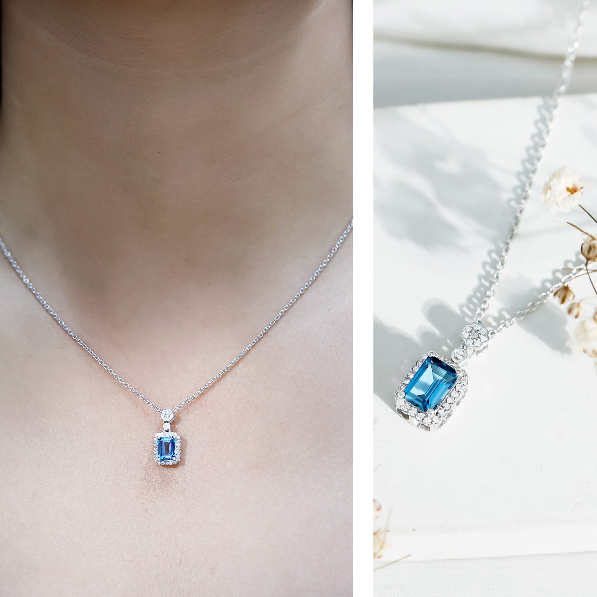 Genuine London Blue Topaz Emerald Cut Necklace with Diamond Halo