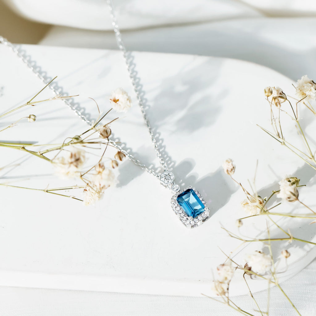 Genuine London Blue Topaz Emerald Cut Necklace with Diamond Halo