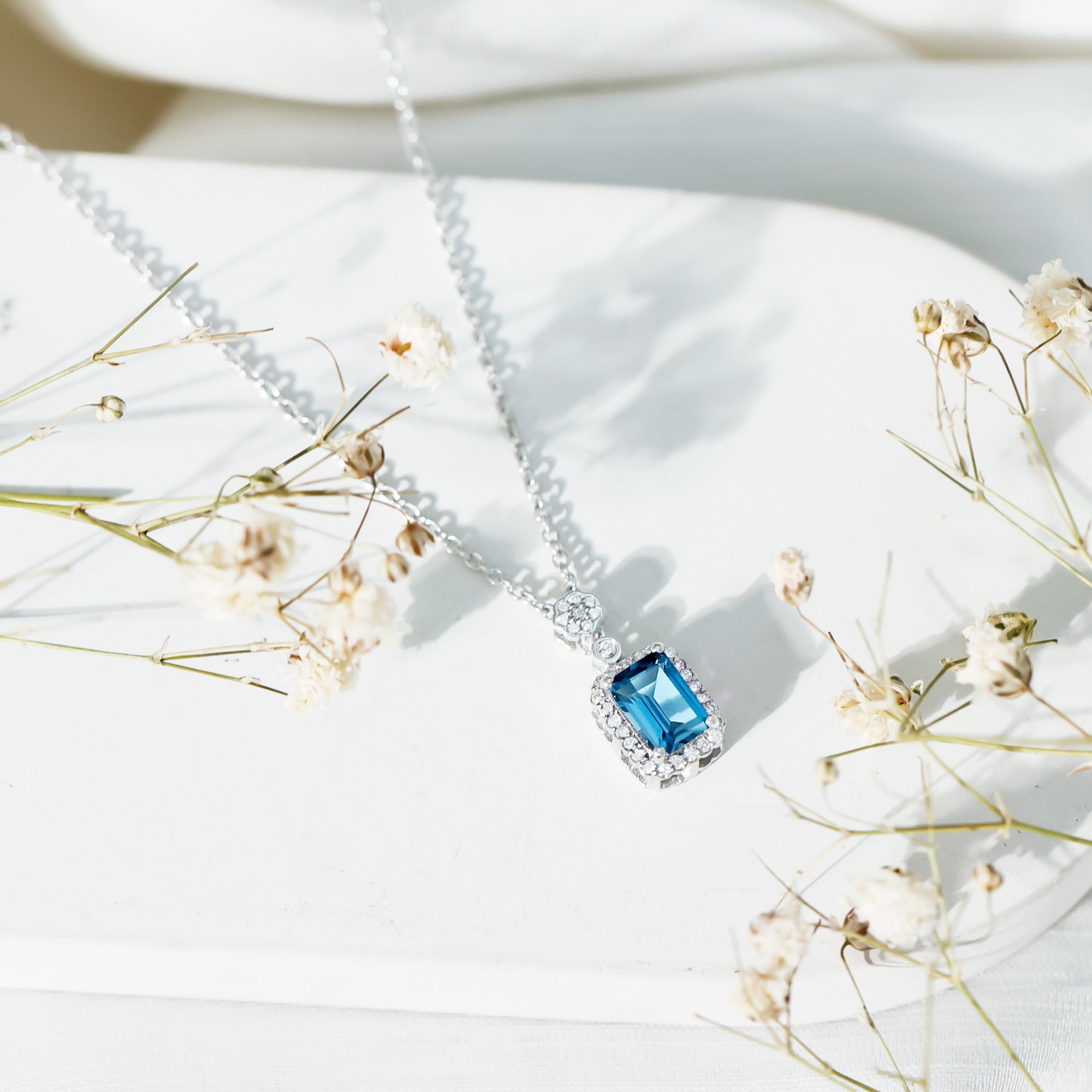 Genuine London Blue Topaz Emerald Cut Necklace with Diamond Halo