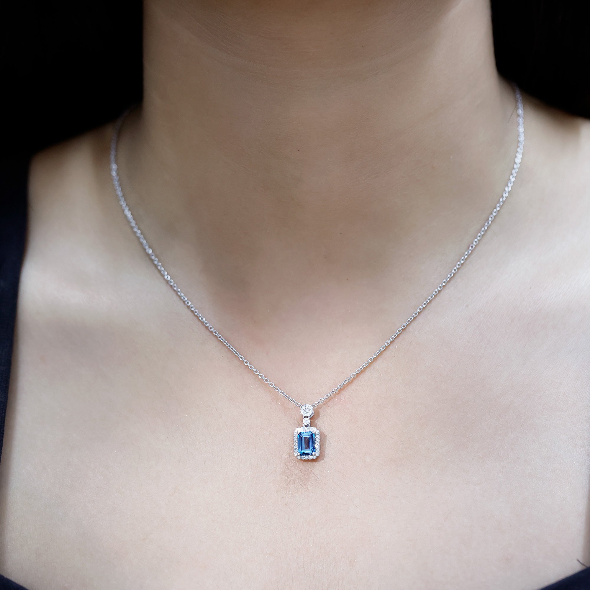 Genuine London Blue Topaz Emerald Cut Necklace with Diamond Halo
