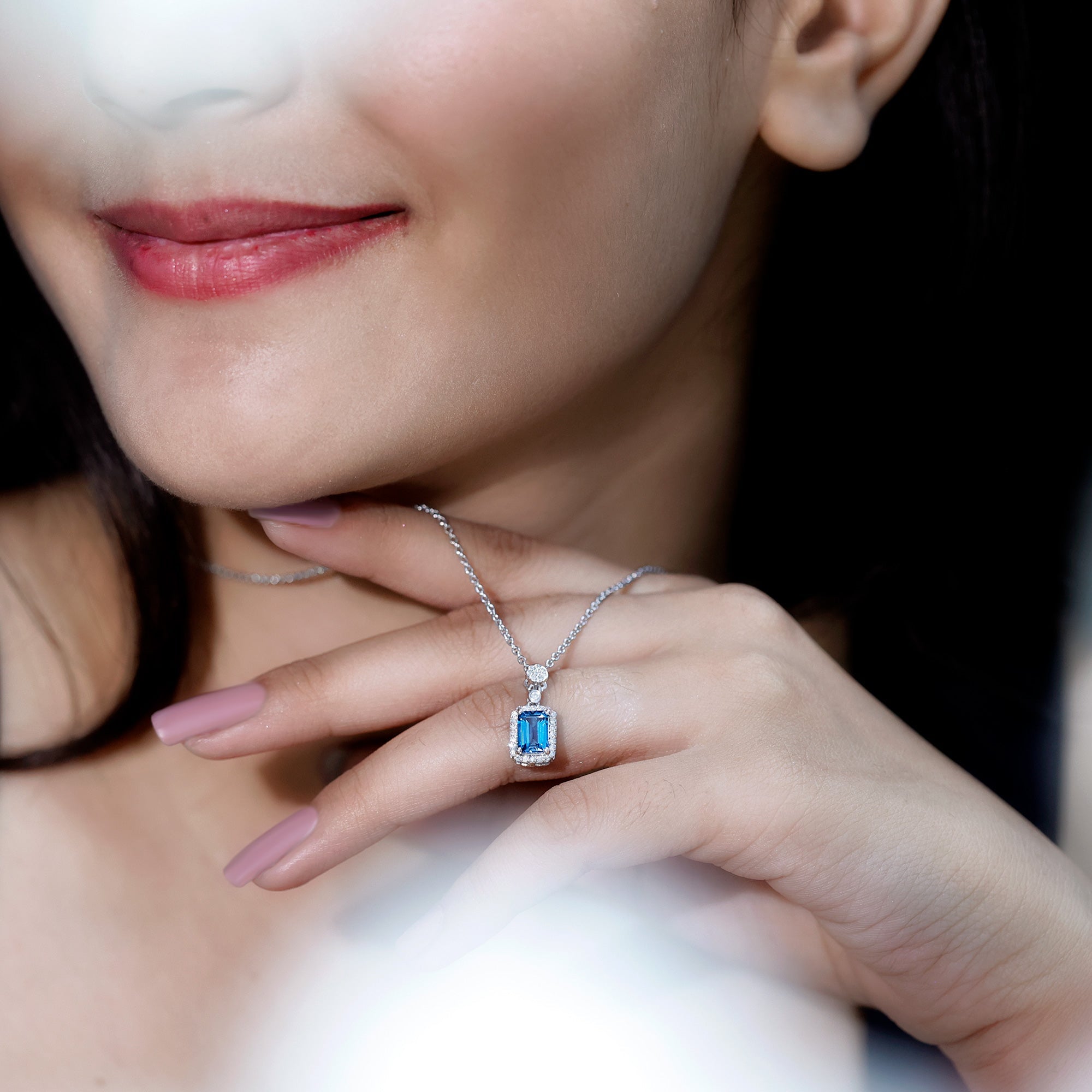 Genuine London Blue Topaz Emerald Cut Necklace with Diamond Halo