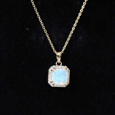 Asscher Cut Ethiopian Opal Pendant Necklace with Diamond Halo