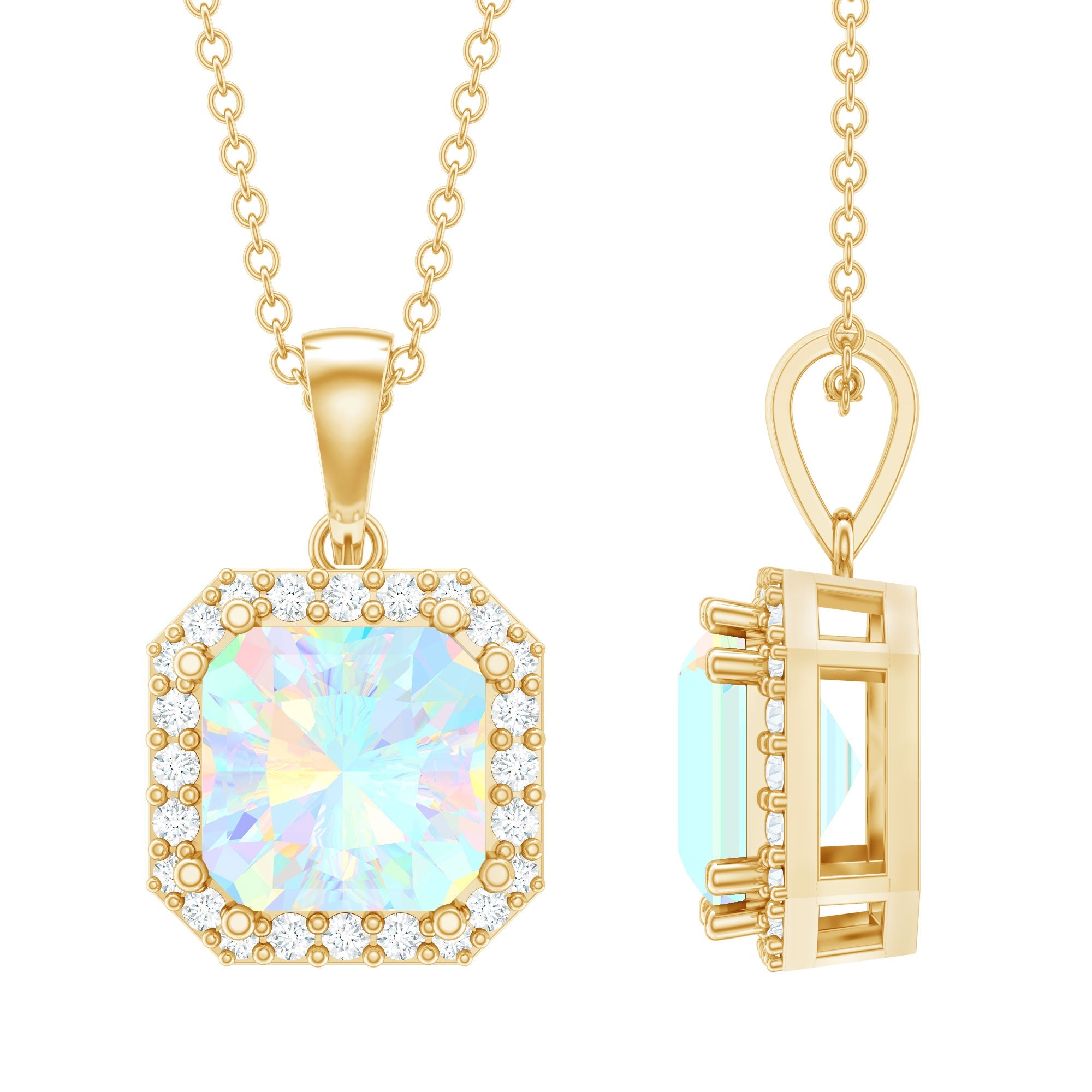 Asscher Cut Ethiopian Opal Pendant Necklace with Diamond Halo