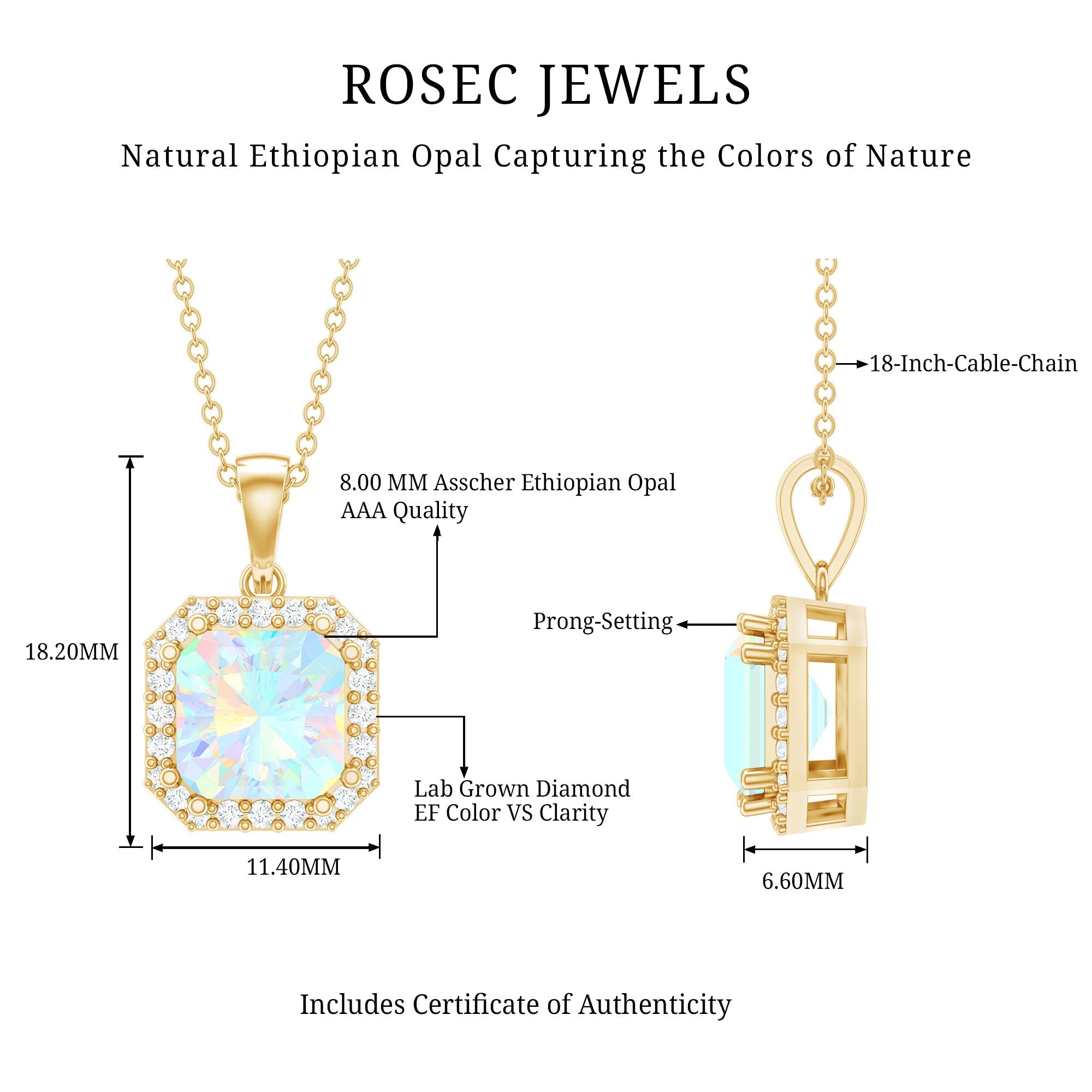 Asscher Cut Ethiopian Opal Pendant Necklace with Diamond Halo