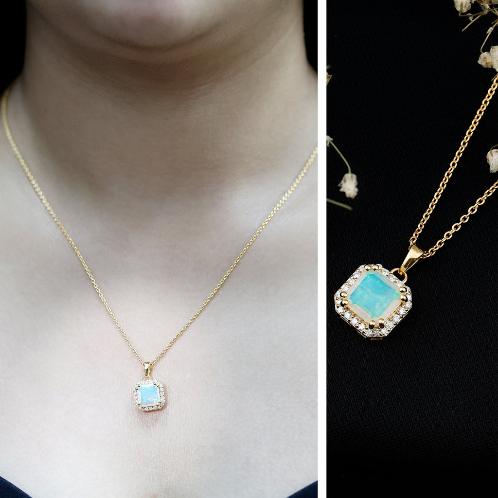 Asscher Cut Ethiopian Opal Pendant Necklace with Diamond Halo