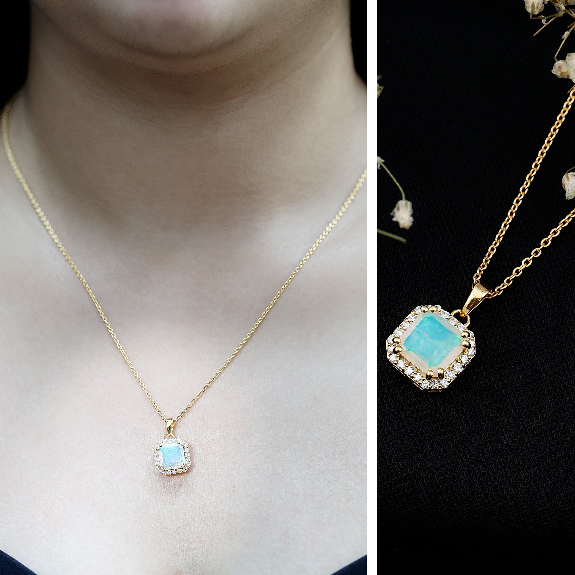 Asscher Cut Ethiopian Opal Pendant Necklace with Diamond Halo