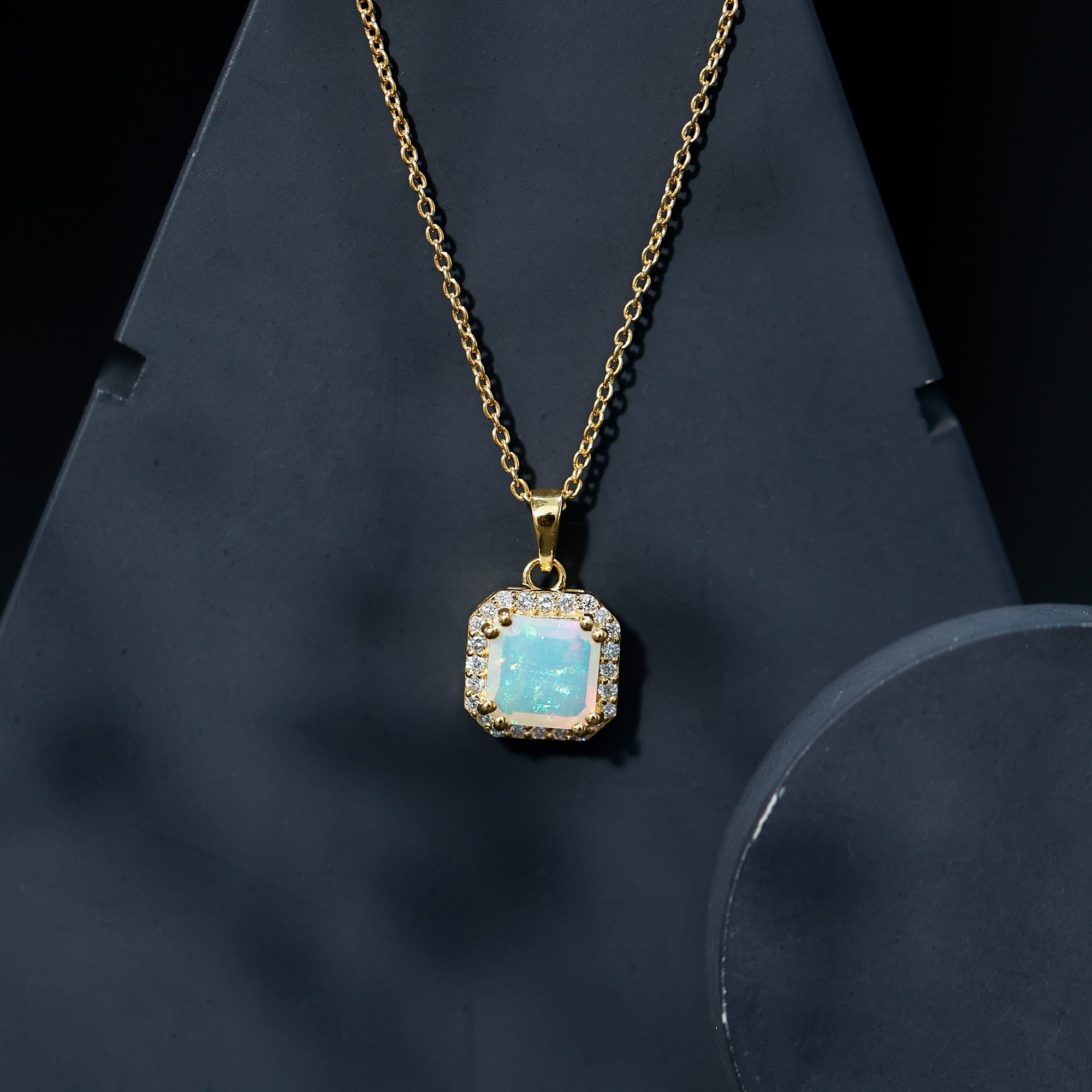 Asscher Cut Ethiopian Opal Pendant Necklace with Diamond Halo