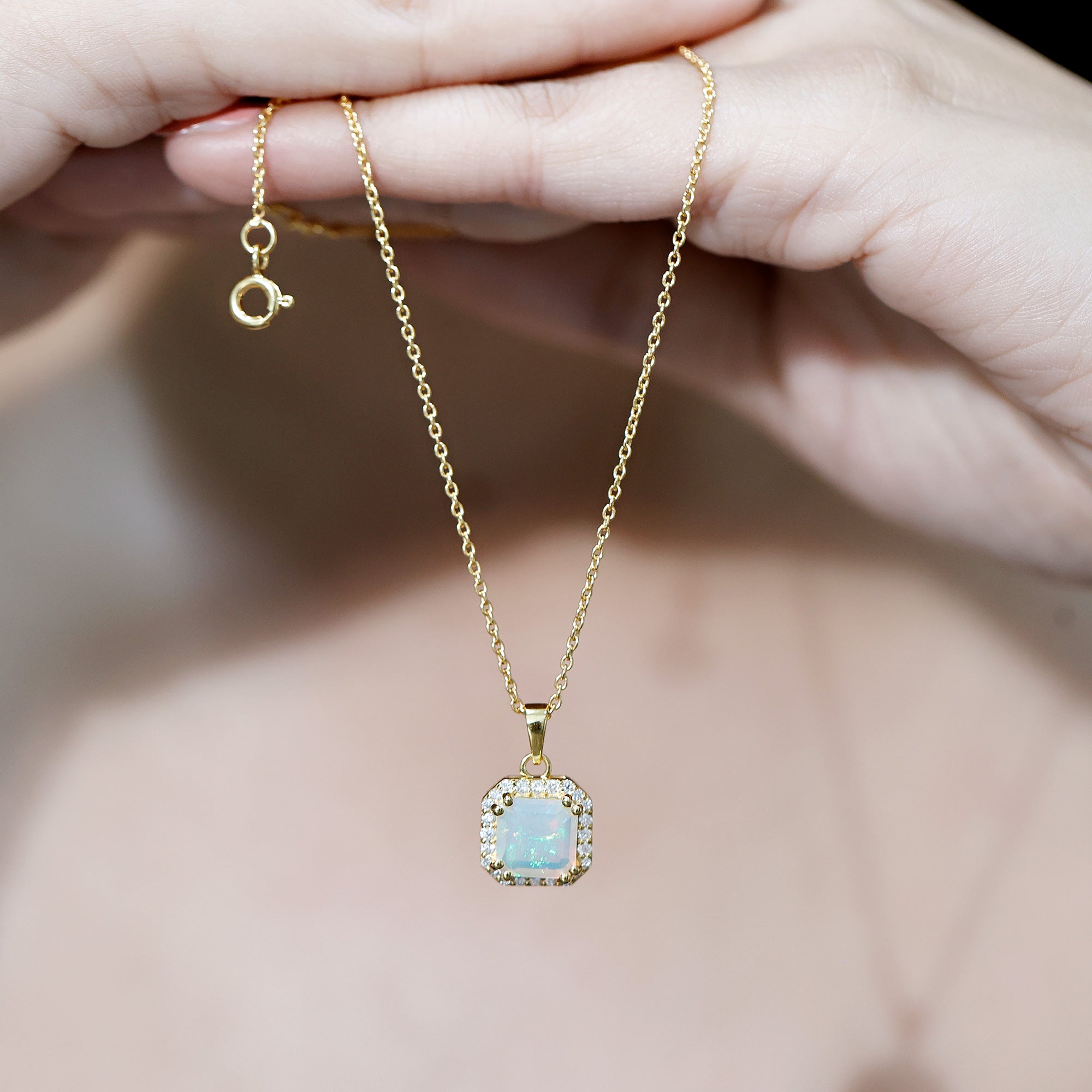 Asscher Cut Ethiopian Opal Pendant Necklace with Diamond Halo