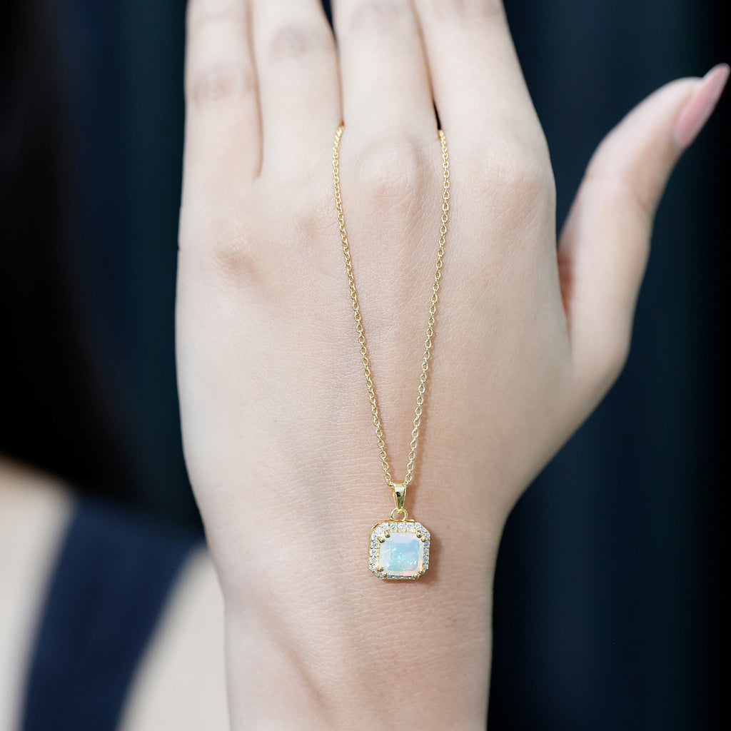 Asscher Cut Ethiopian Opal Pendant Necklace with Diamond Halo