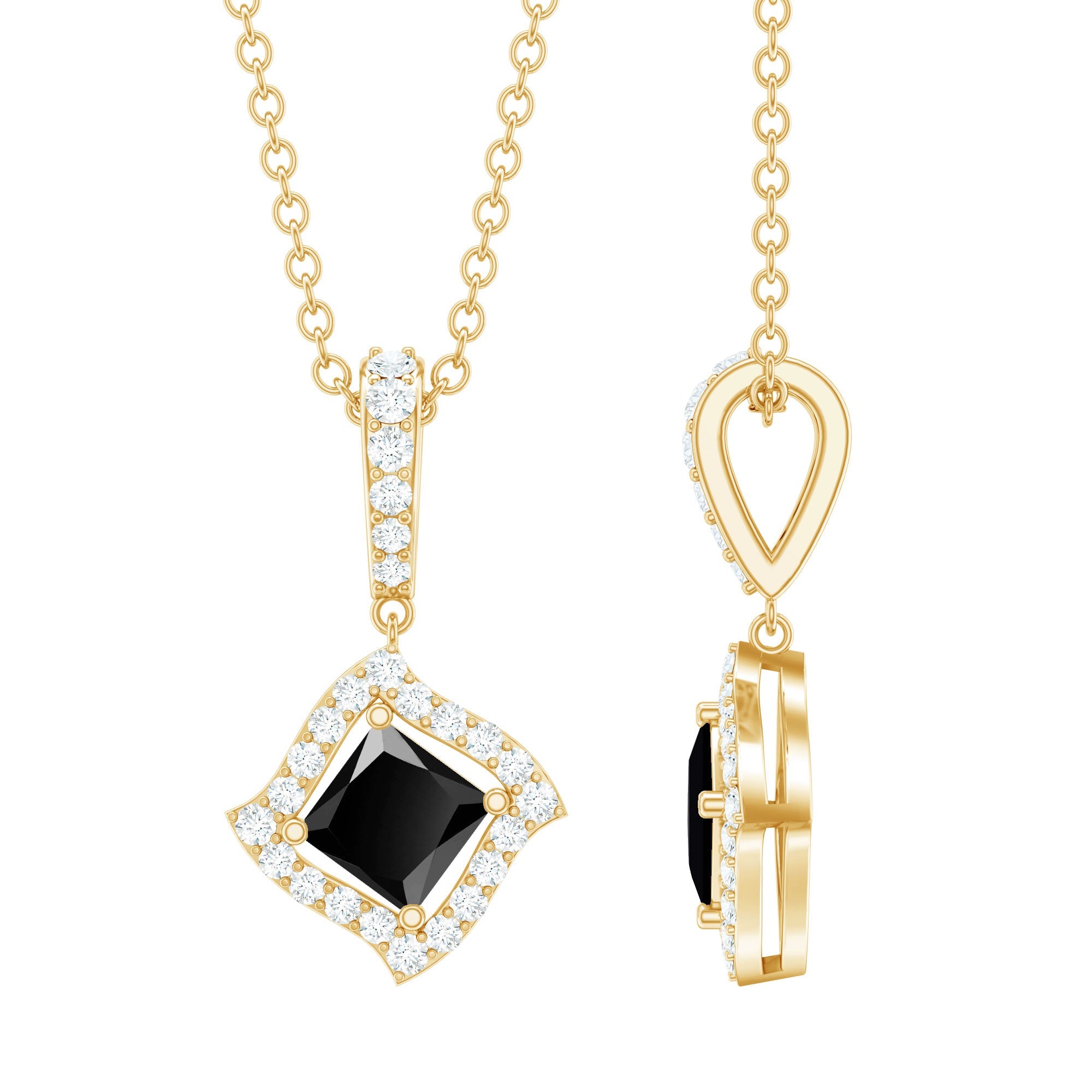 Princess Cut Black Spinel Necklace with Diamond Halo