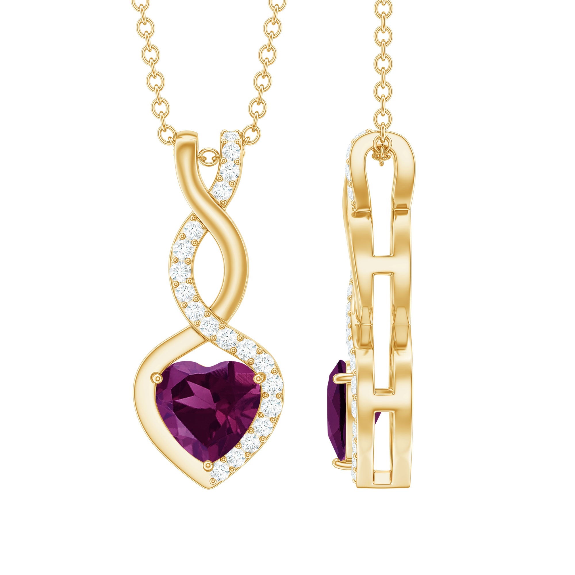 Rhodolite Garnet Heart and Infinity Necklace With Diamonds