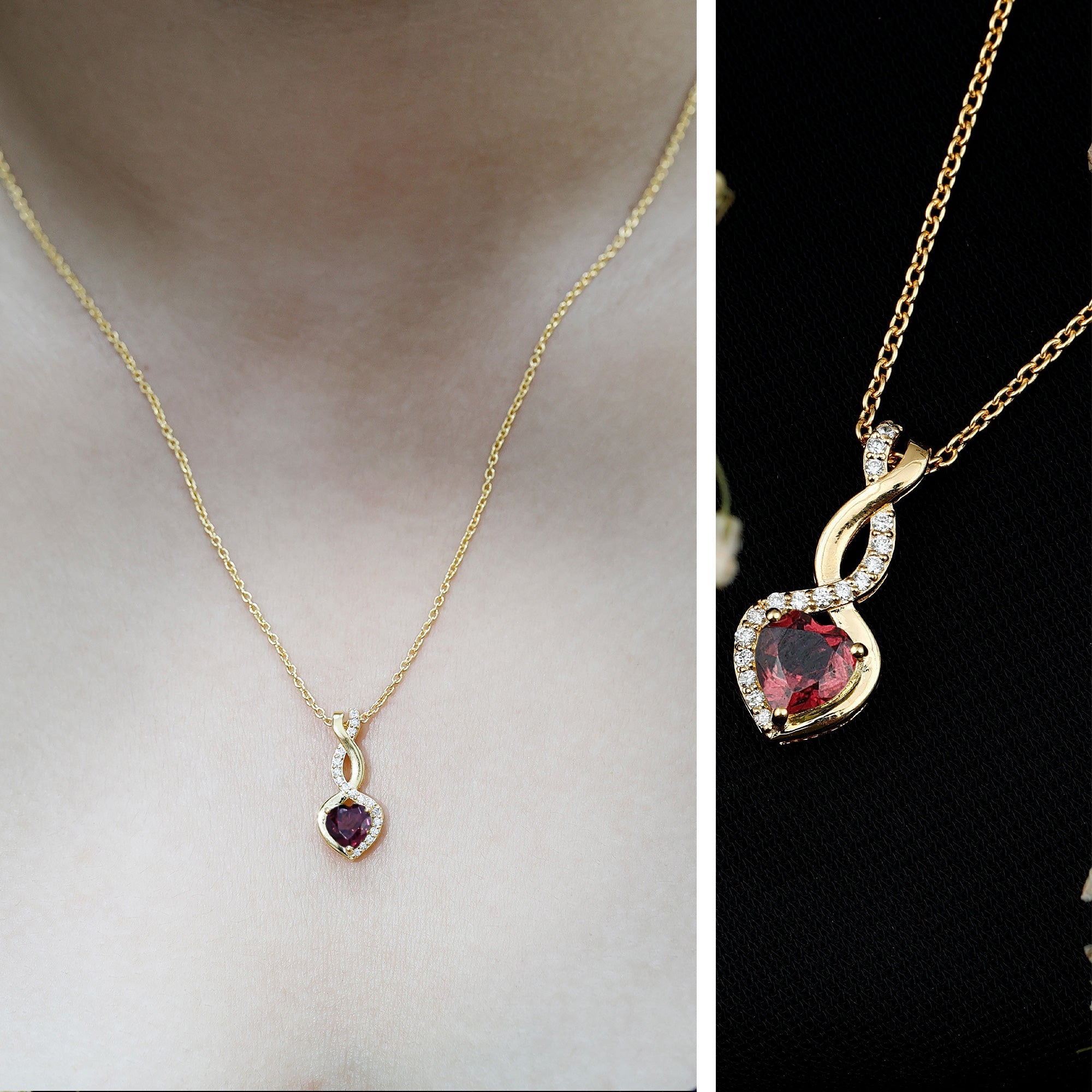 Rhodolite Garnet Heart and Infinity Necklace With Diamonds