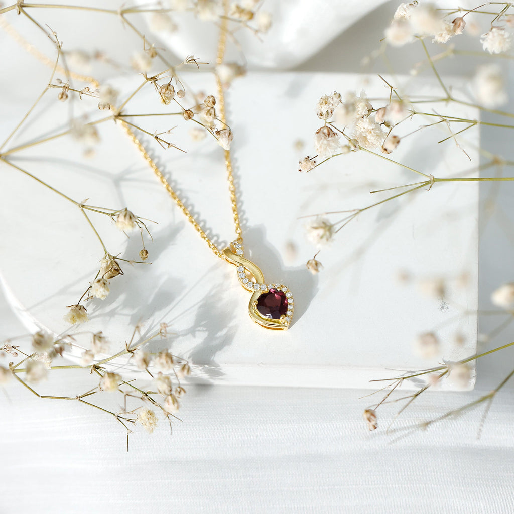 Rhodolite Garnet Heart and Infinity Necklace With Diamonds