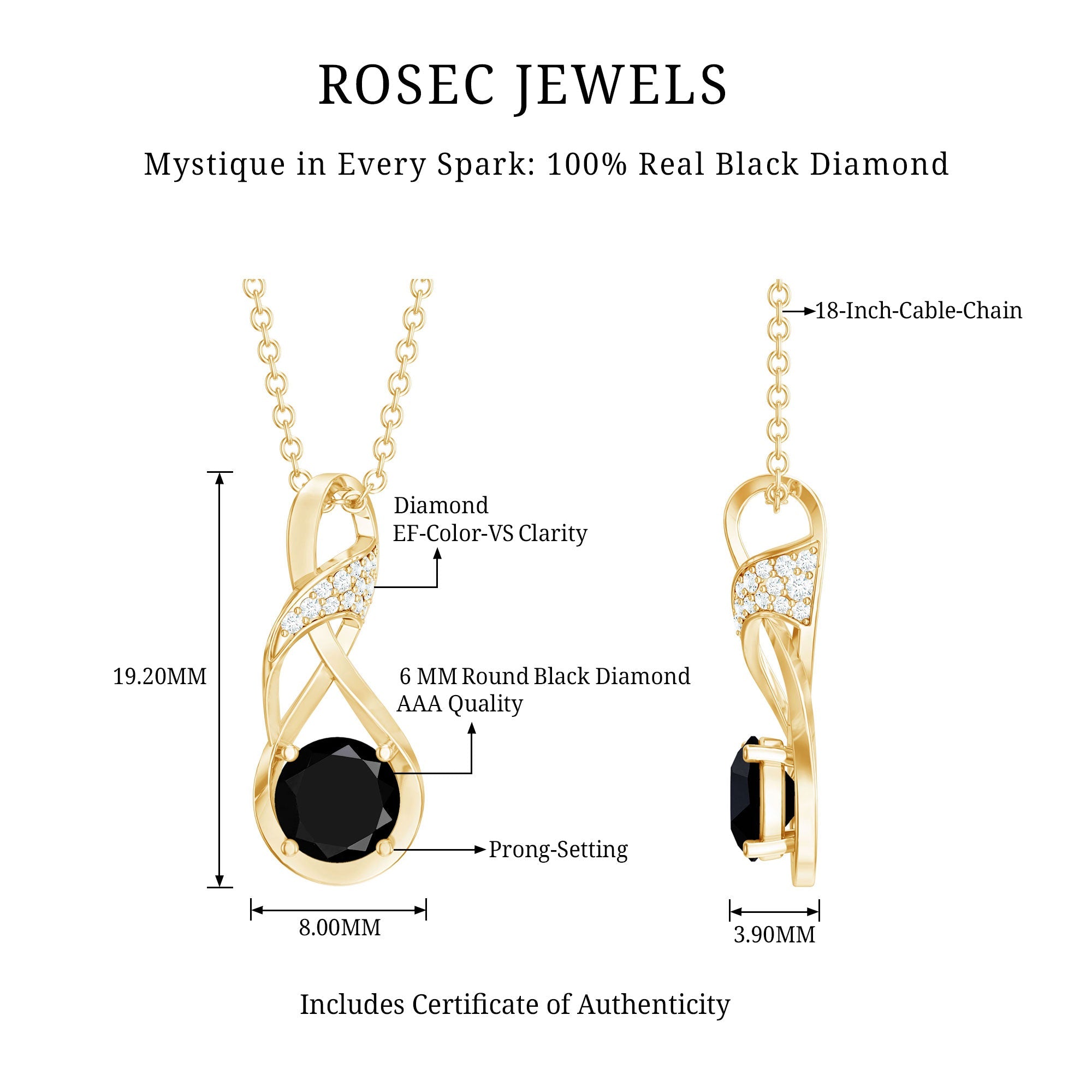 Genuine Black Diamond Infinity Necklace with Silver Chain