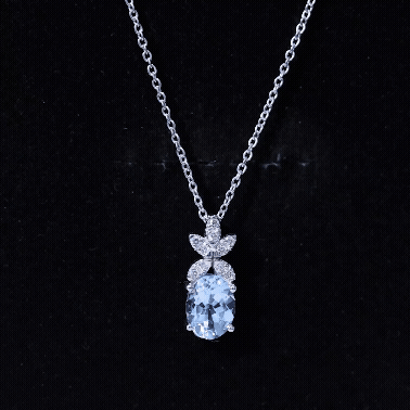 Oval Aquamarine Flower Necklace with Lab Grown Diamonds