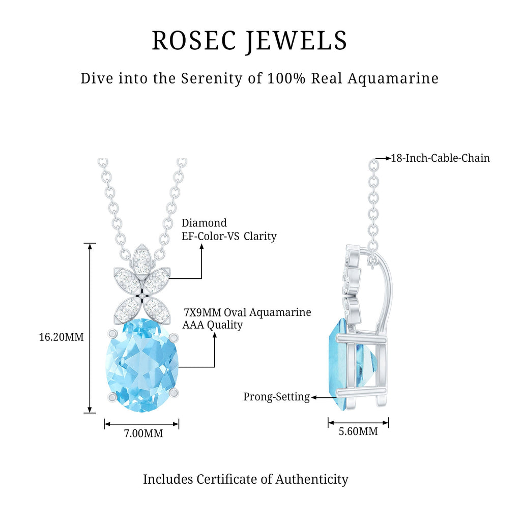 Oval Aquamarine Flower Necklace with Lab Grown Diamonds