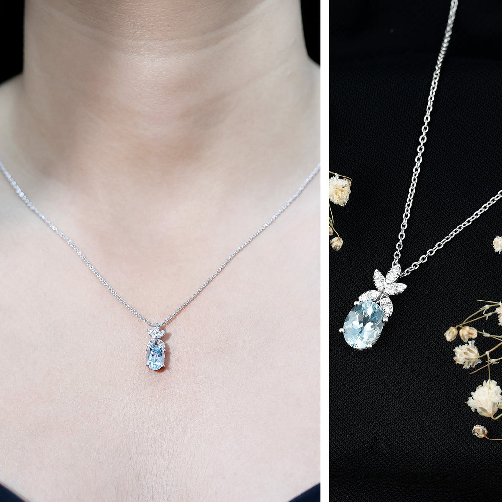 Oval Aquamarine Flower Necklace with Lab Grown Diamonds