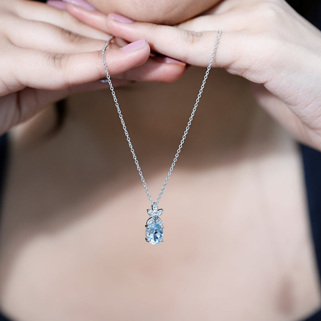 Oval Aquamarine Flower Necklace with Lab Grown Diamonds