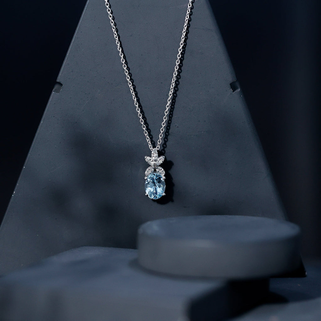 Oval Aquamarine Flower Necklace with Lab Grown Diamonds