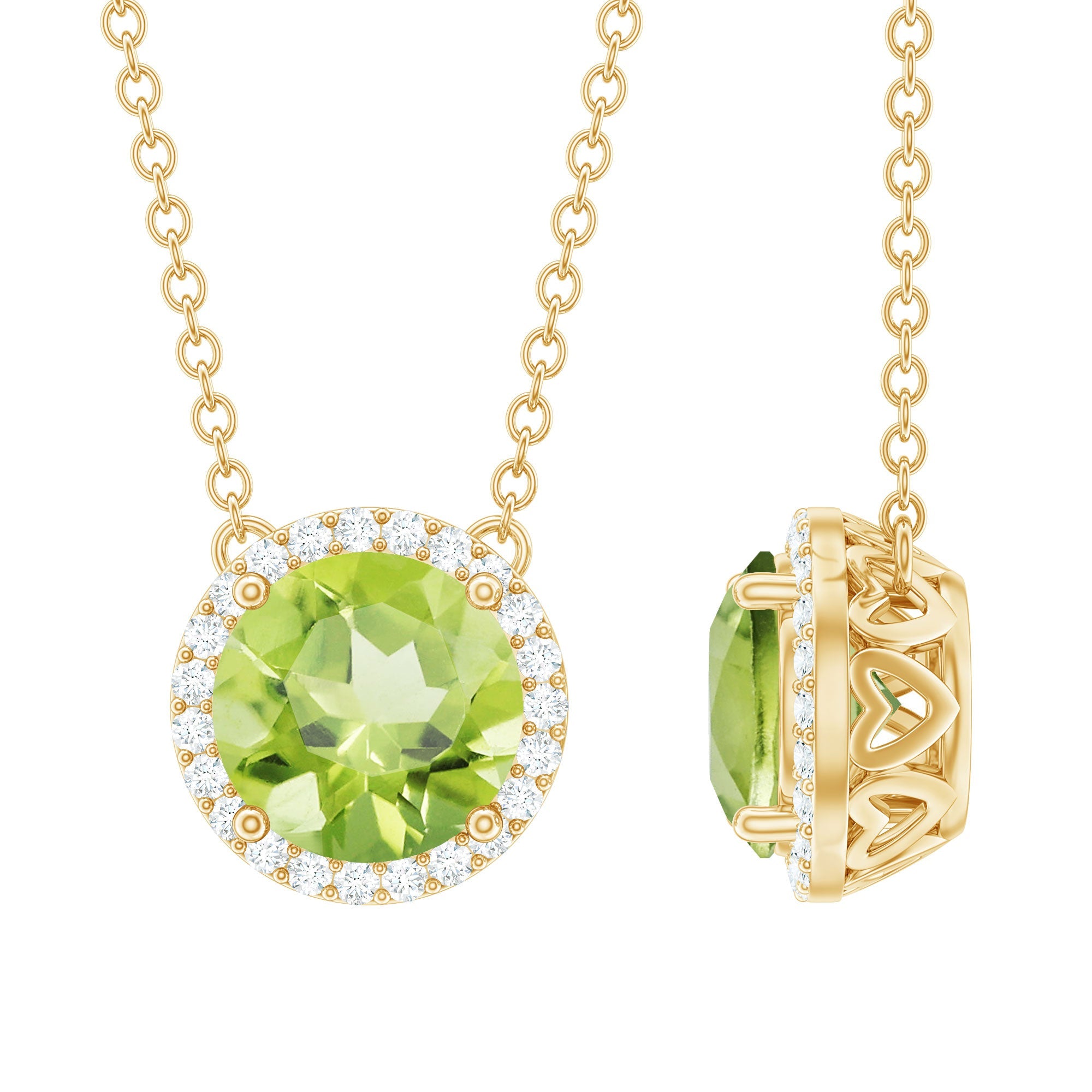 Genuine Brilliant Cut 7MM Peridot and Diamond Halo Necklace