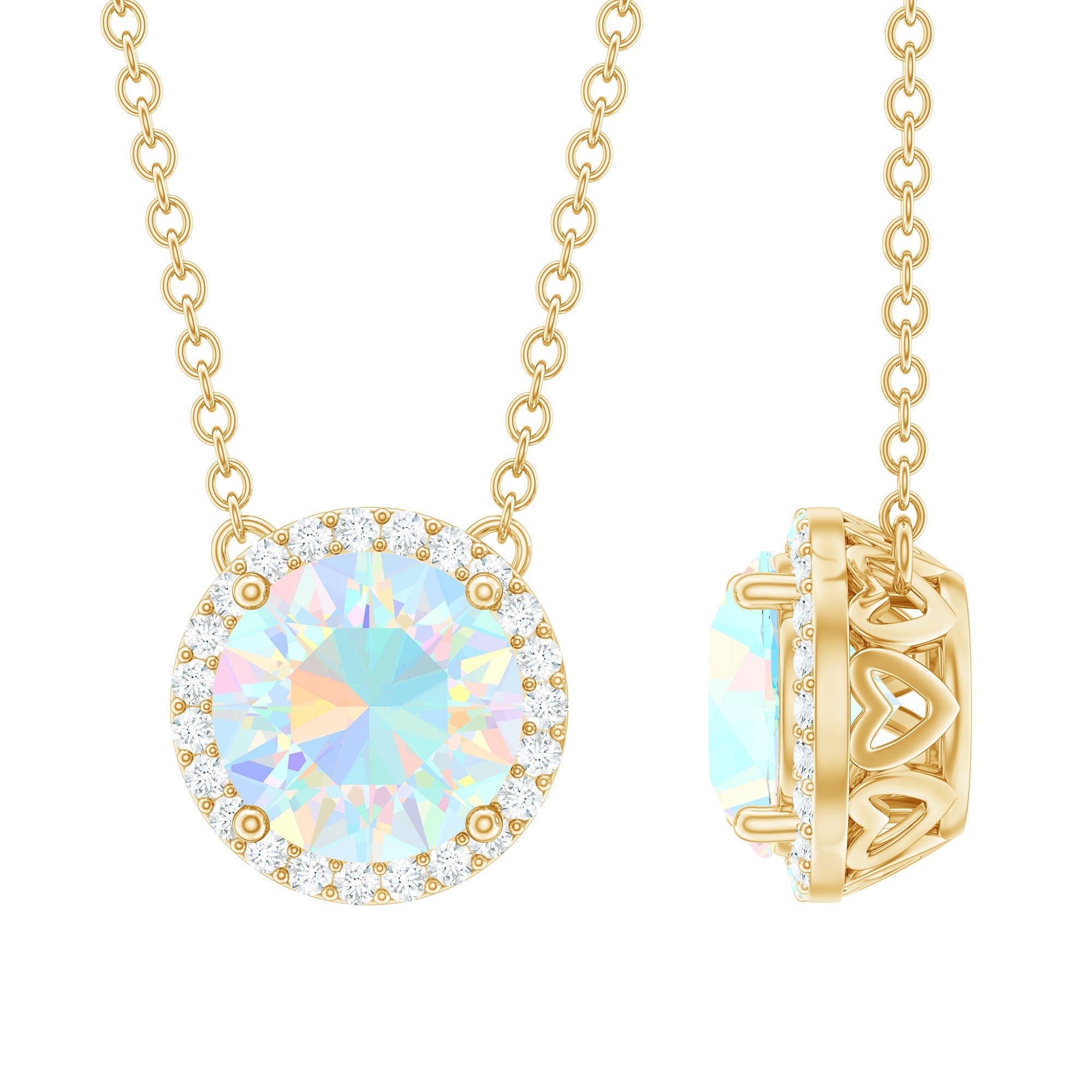 7MM Ethiopian Opal and Diamond Halo Necklace in Silver