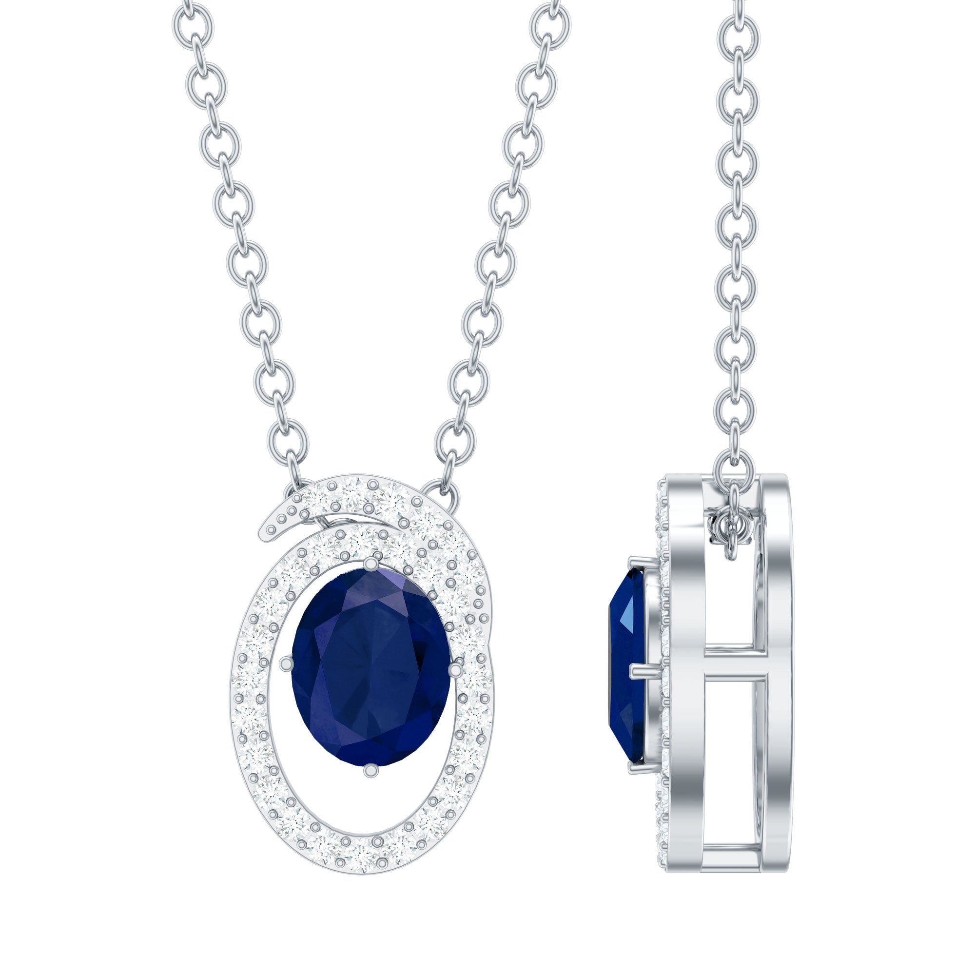 Certified Oval Shape Blue Sapphire Diamond Pendant Necklace with Chain