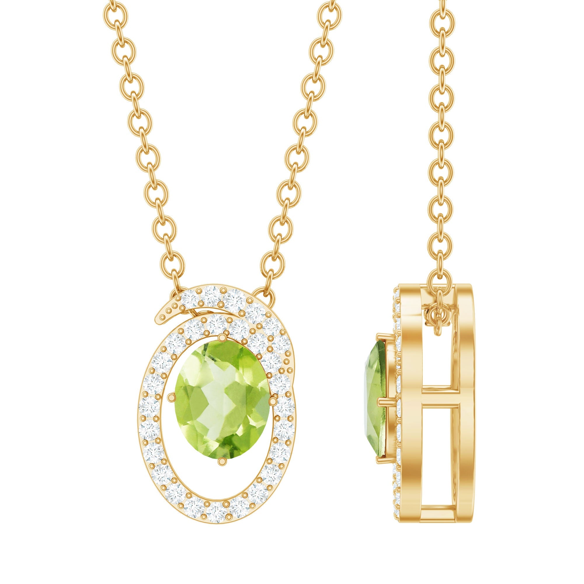 Certified Peridot and Diamond Swirl Necklace with Silver Chain