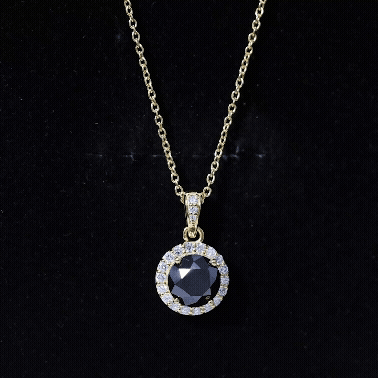 Round Shaped Black and White Diamond Halo Necklace with Chain