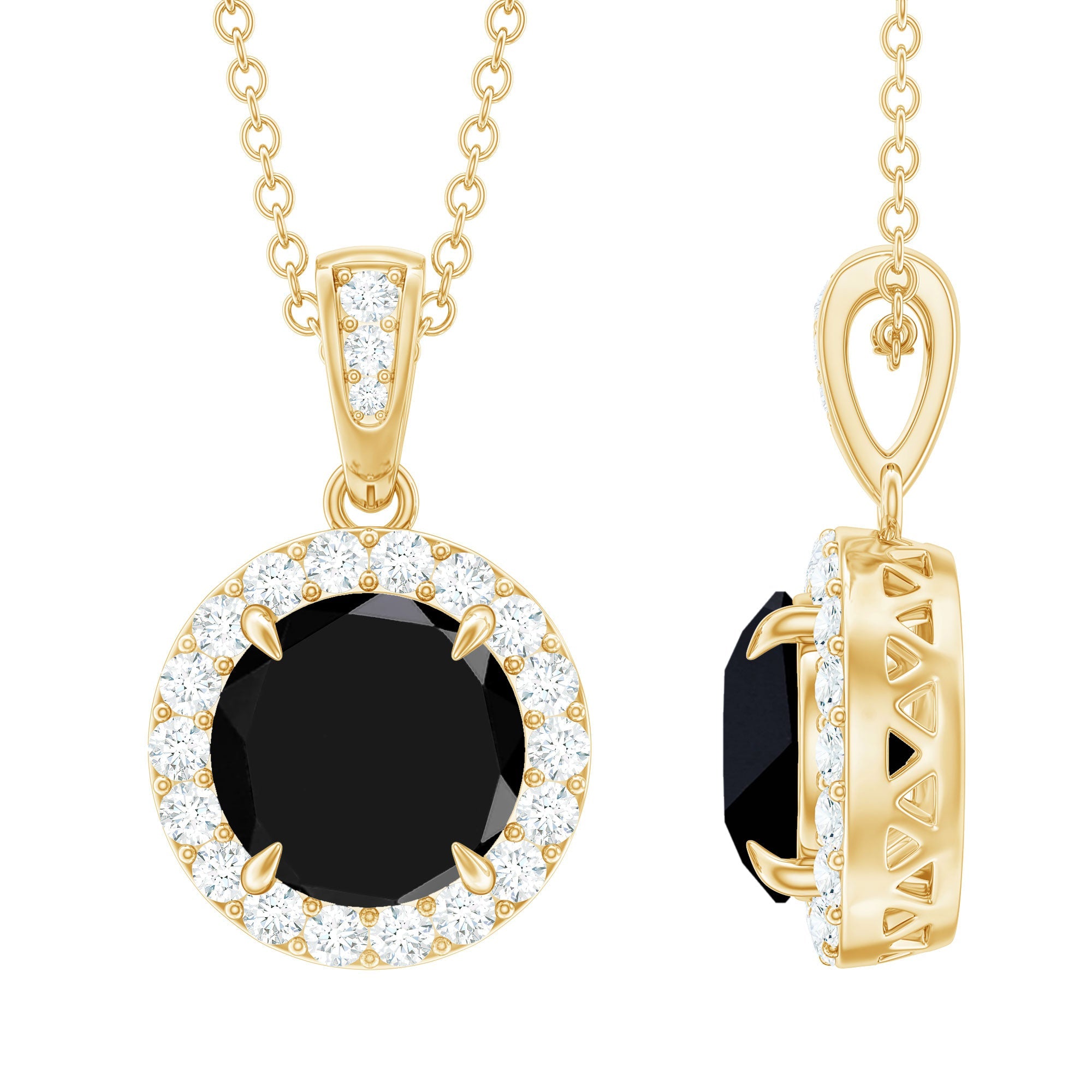 Round Shaped Black and White Diamond Halo Necklace with Chain