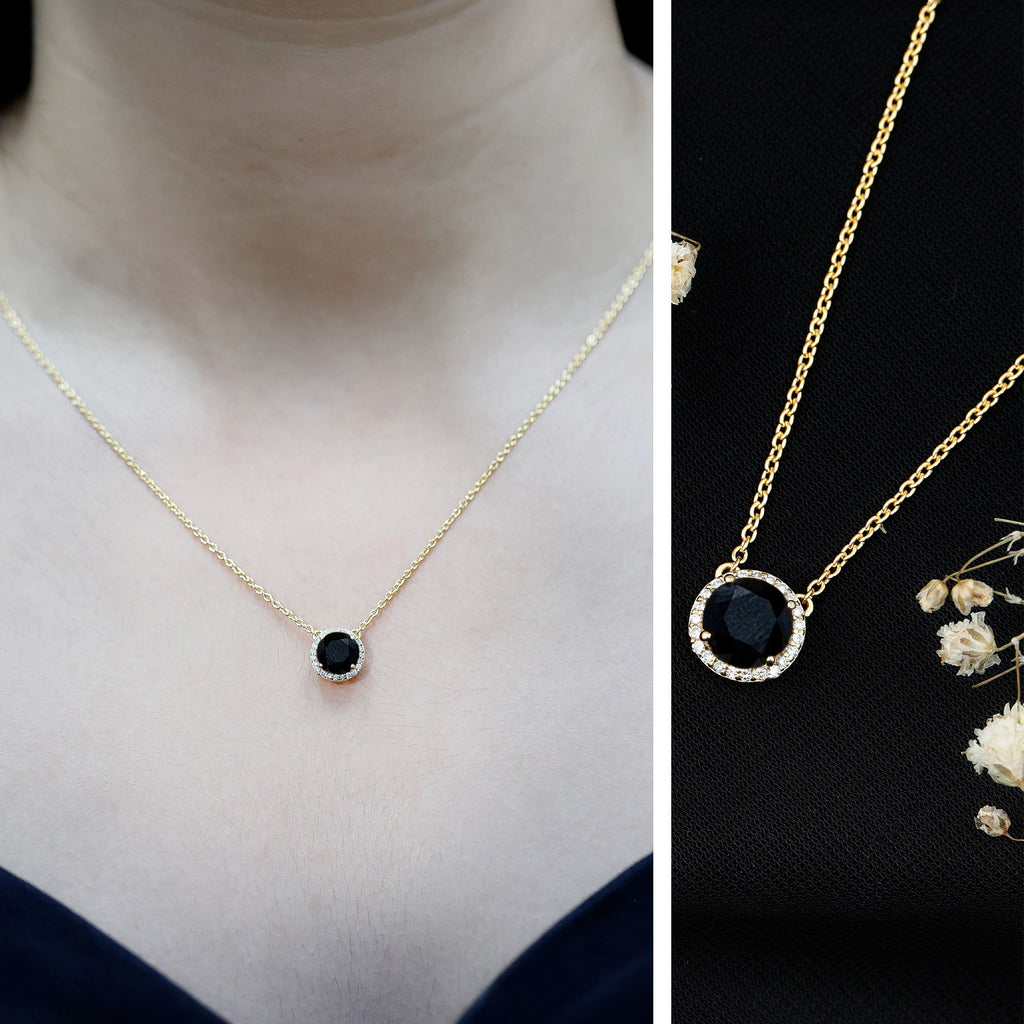 Round Shaped Black and White Diamond Halo Necklace with Chain