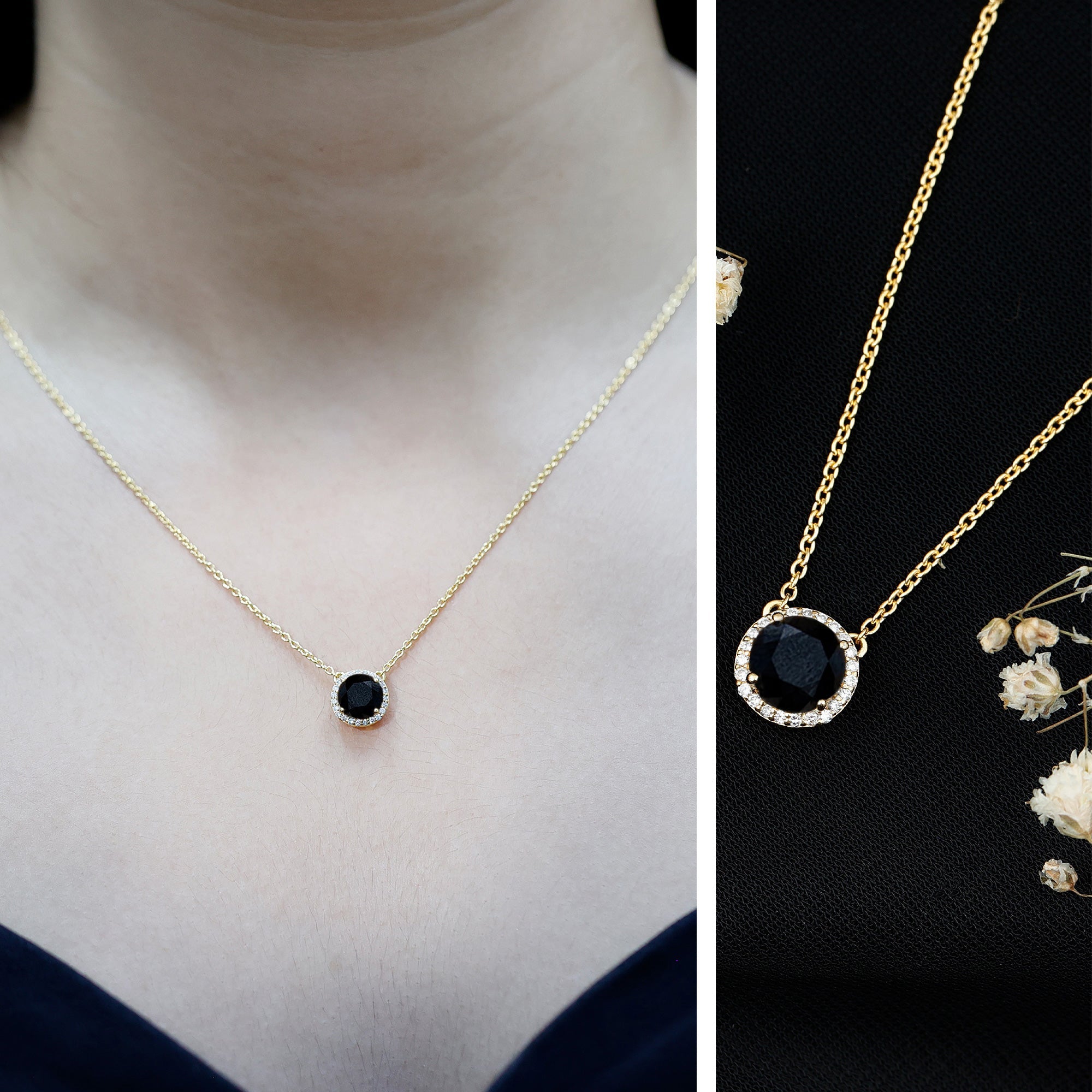 Round Shaped Black and White Diamond Halo Necklace with Chain