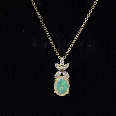 Oval Shaped Ethiopian Opal and Diamond Flower Necklace with Chain
