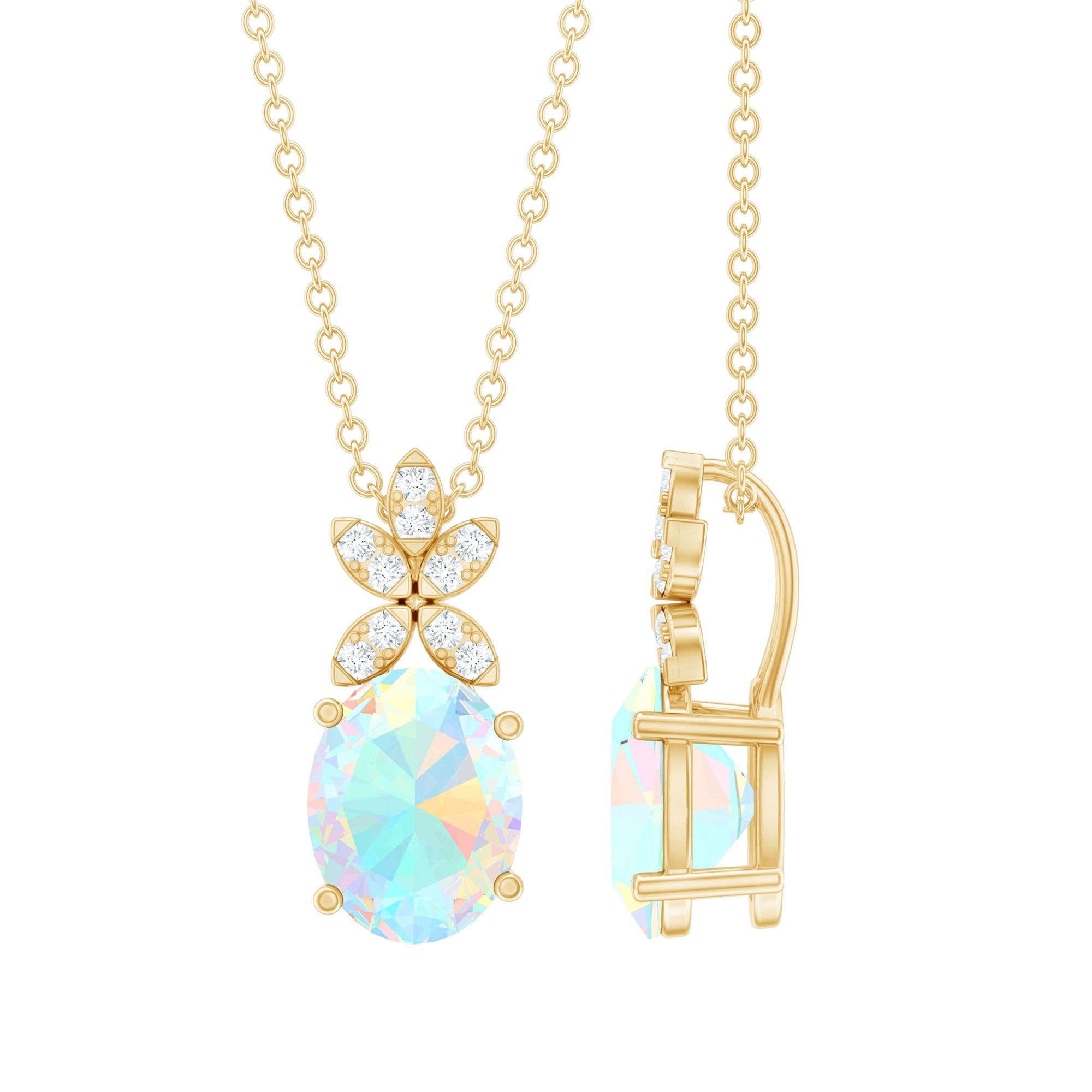 Oval Shaped Ethiopian Opal and Diamond Flower Necklace with Chain