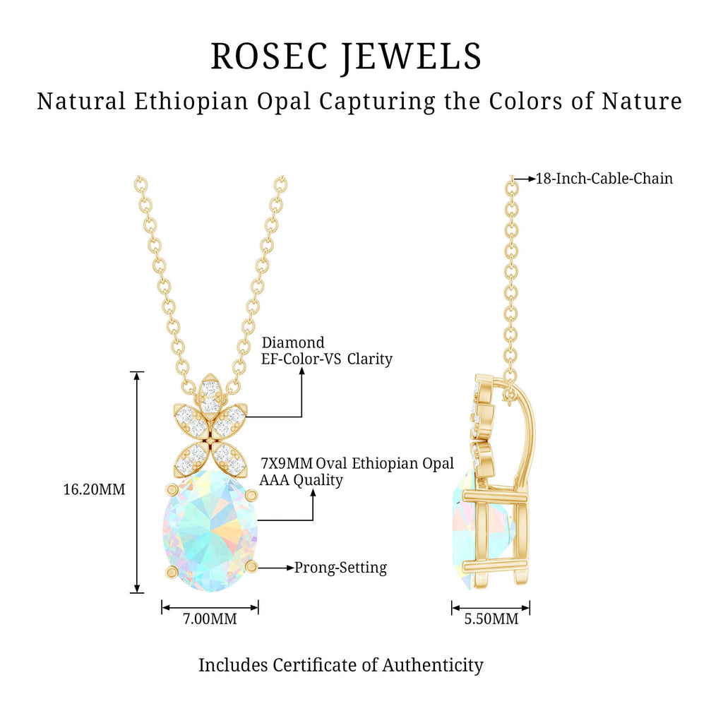 Oval Shaped Ethiopian Opal and Diamond Flower Necklace with Chain