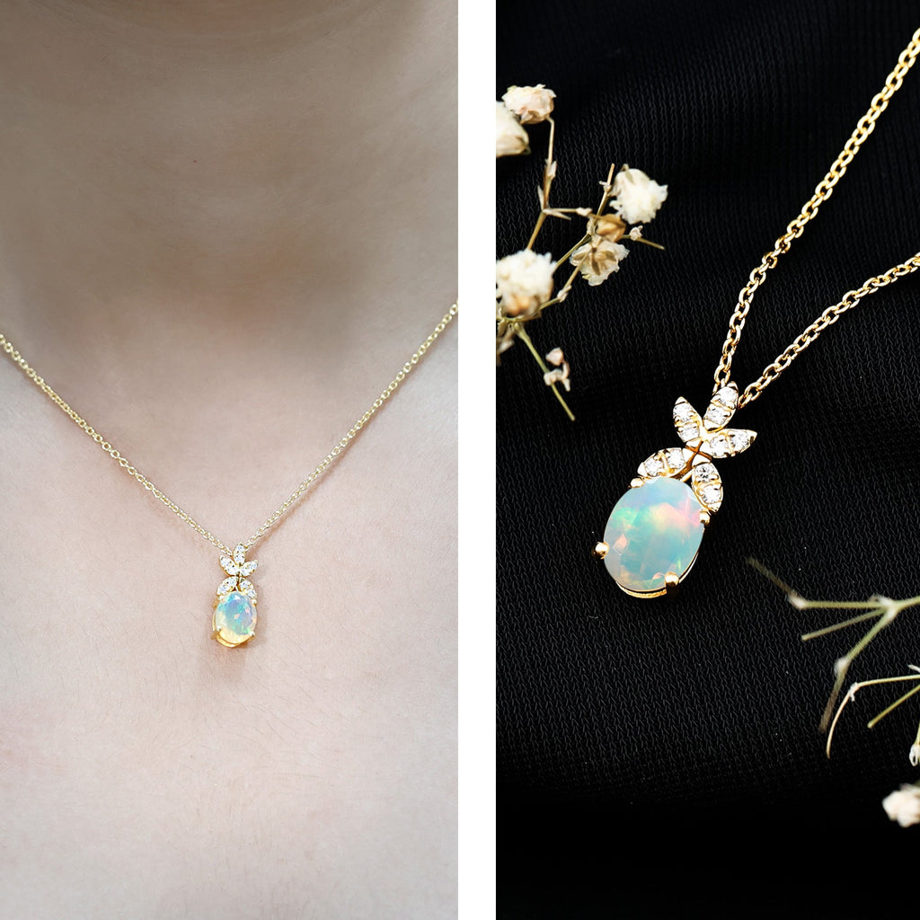 Oval Shaped Ethiopian Opal and Diamond Flower Necklace with Chain