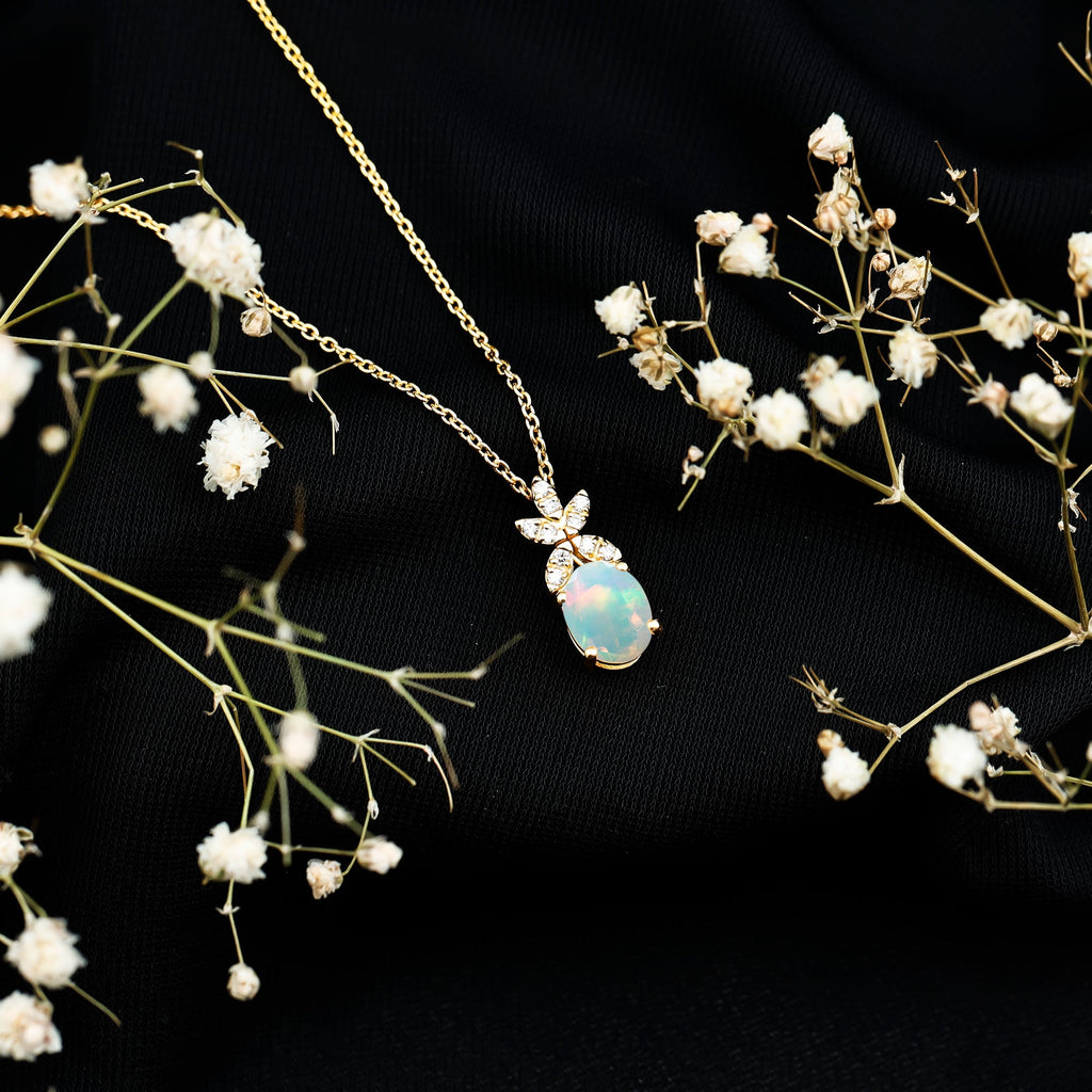 Oval Shaped Ethiopian Opal and Diamond Flower Necklace with Chain