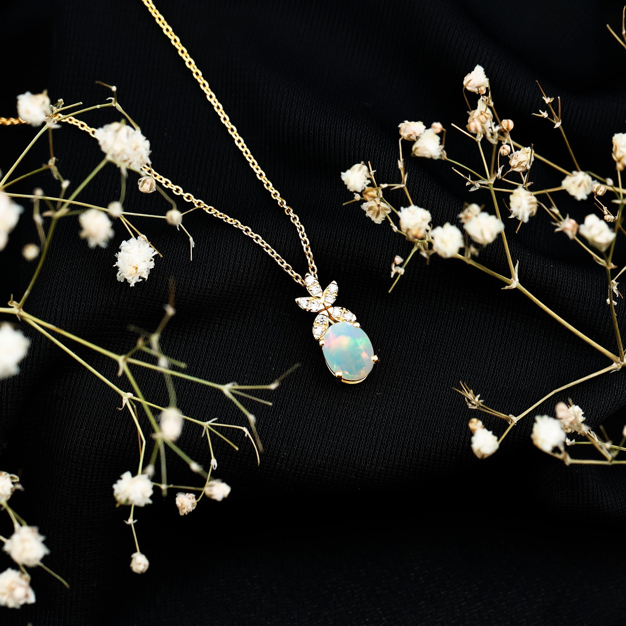 Oval Shaped Ethiopian Opal and Diamond Flower Necklace with Chain