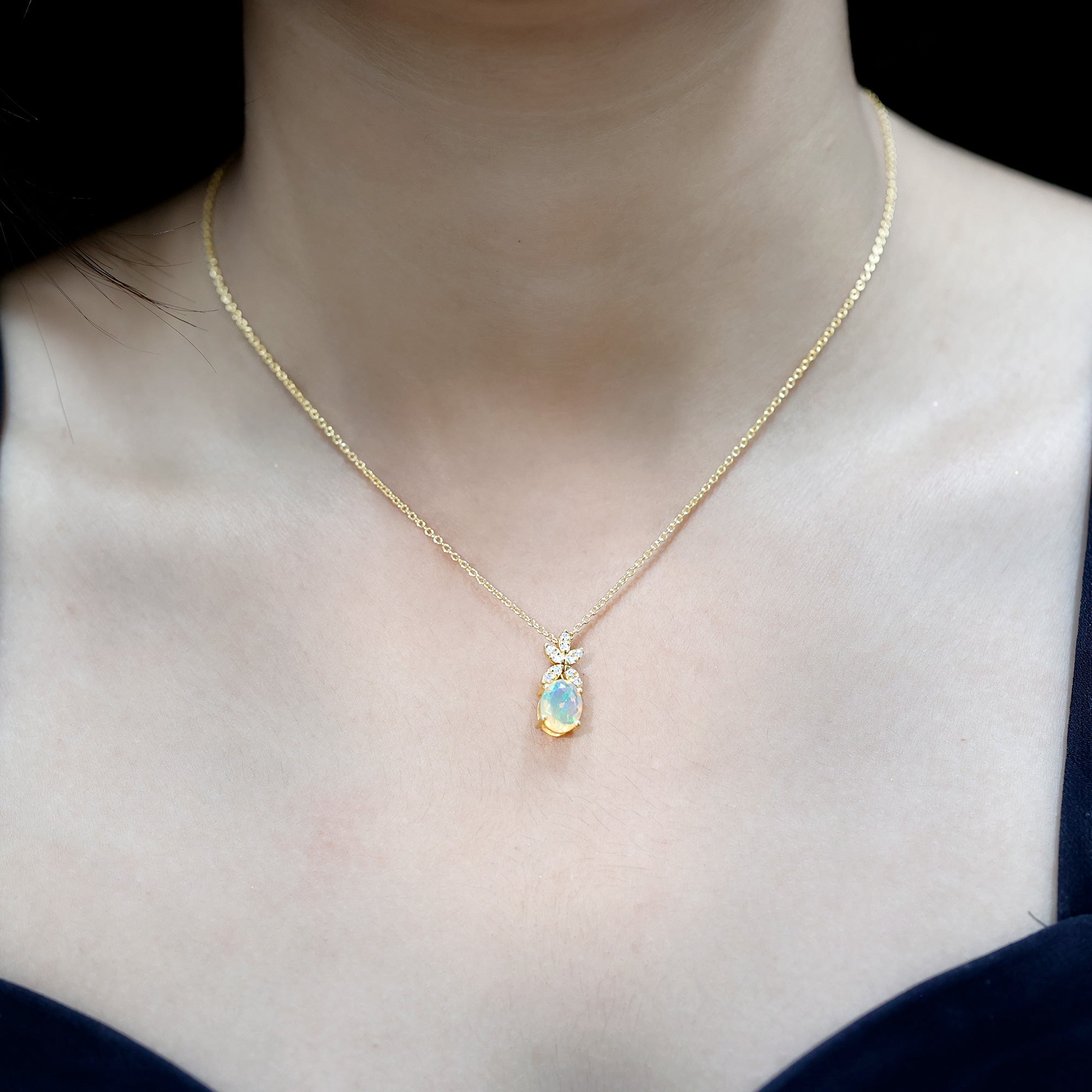 Oval Shaped Ethiopian Opal and Diamond Flower Necklace with Chain