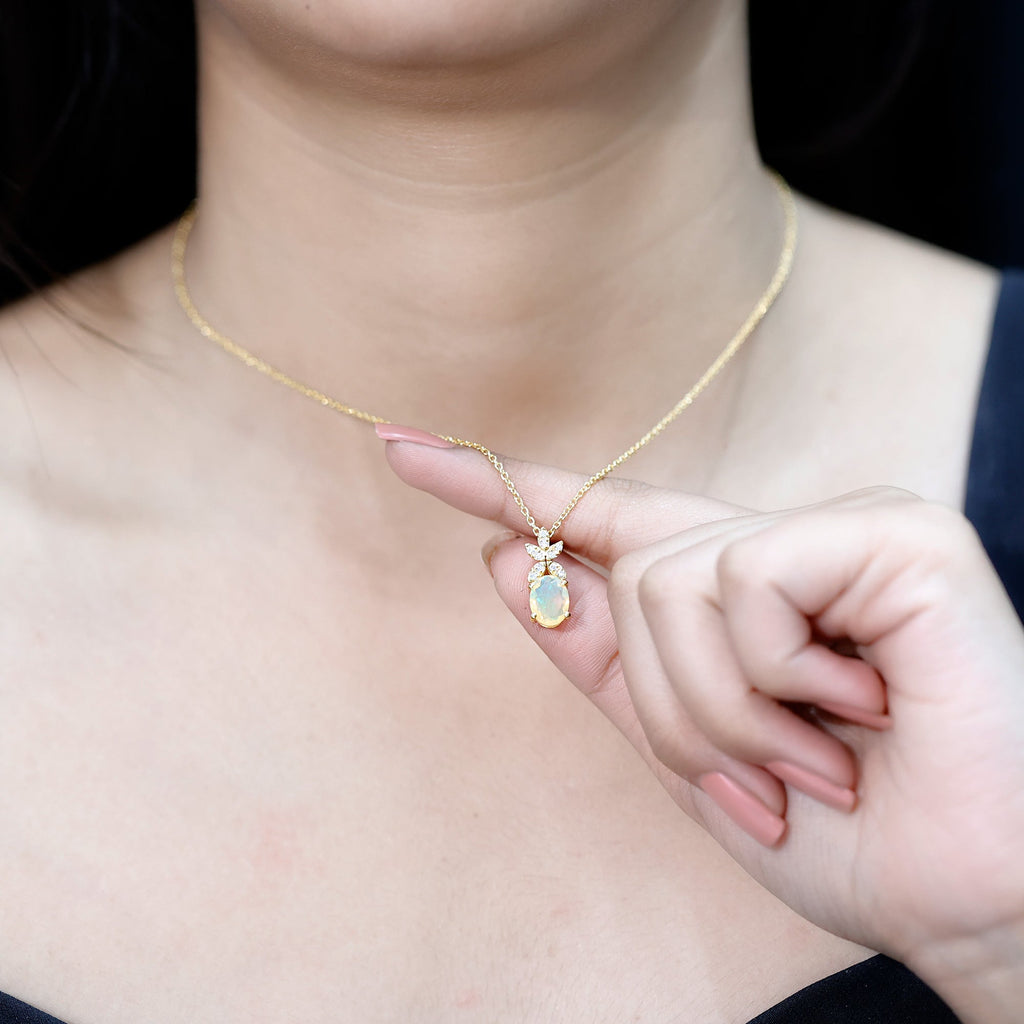 Oval Shaped Ethiopian Opal and Diamond Flower Necklace with Chain