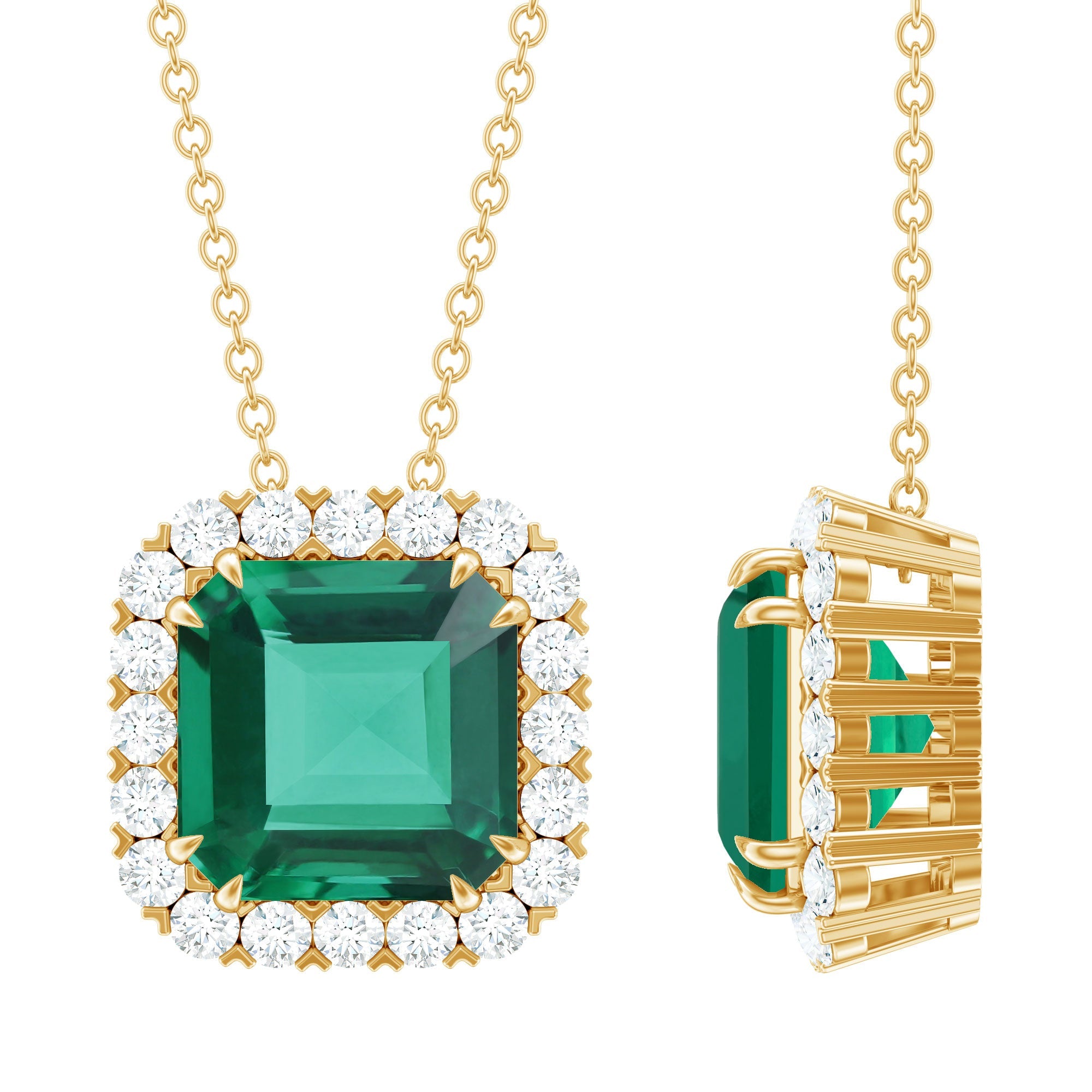 Asscher Cut Lab Grown Emerald Halo Necklace with Moissanite
