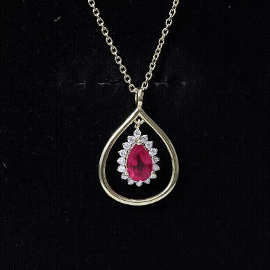 Lab Grown Ruby and Diamond Teardrop Necklace with Silver Chain