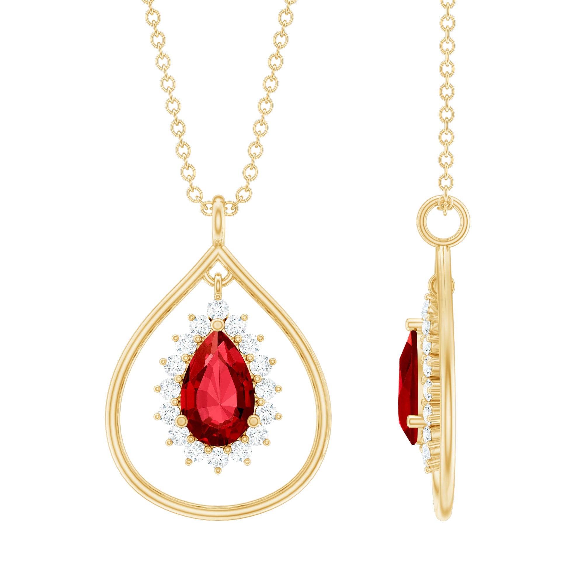 Lab Grown Ruby and Diamond Teardrop Necklace with Silver Chain