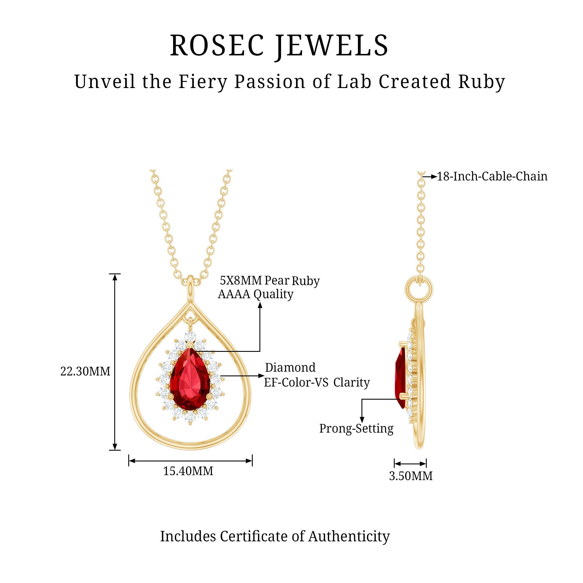 Lab Grown Ruby and Diamond Teardrop Necklace with Silver Chain