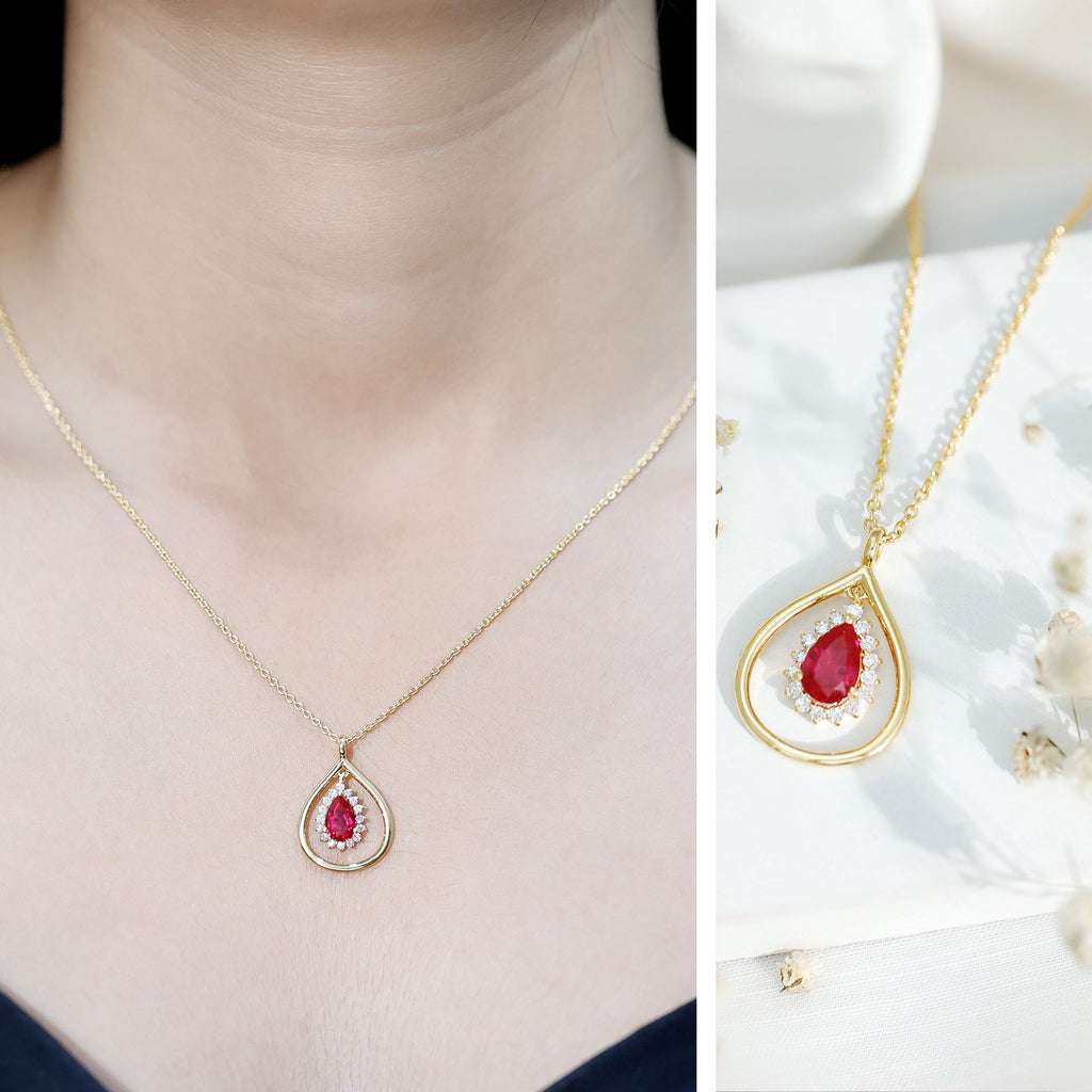 Lab Grown Ruby and Diamond Teardrop Necklace with Silver Chain
