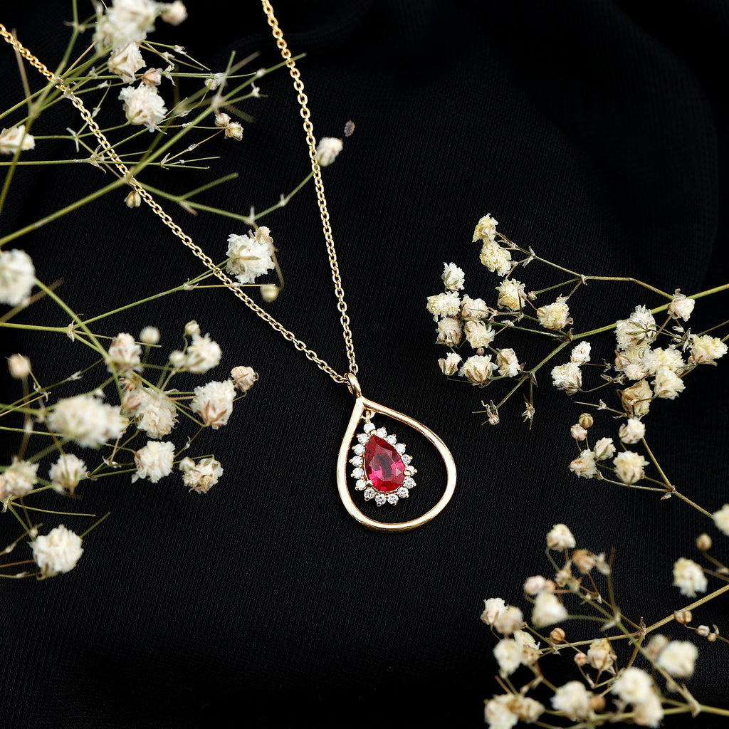 Lab Grown Ruby and Diamond Teardrop Necklace with Silver Chain