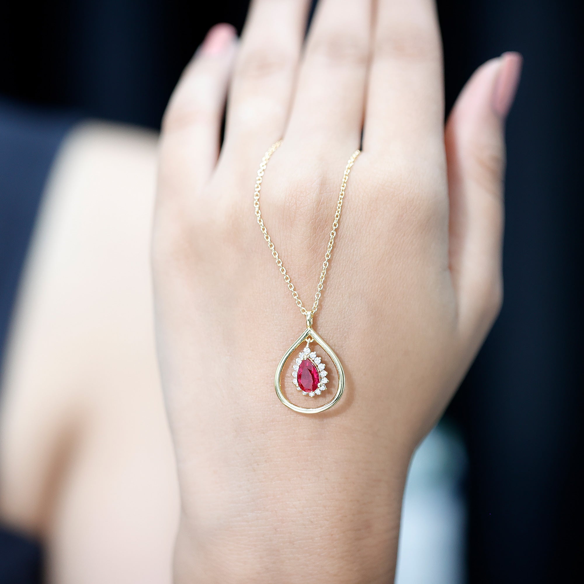 Lab Grown Ruby and Diamond Teardrop Necklace with Silver Chain